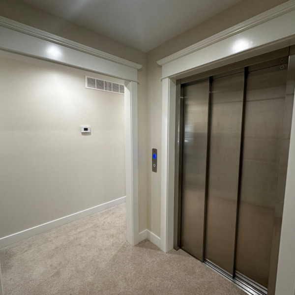 Residential elevator with modern stainless steel doors and white trim.